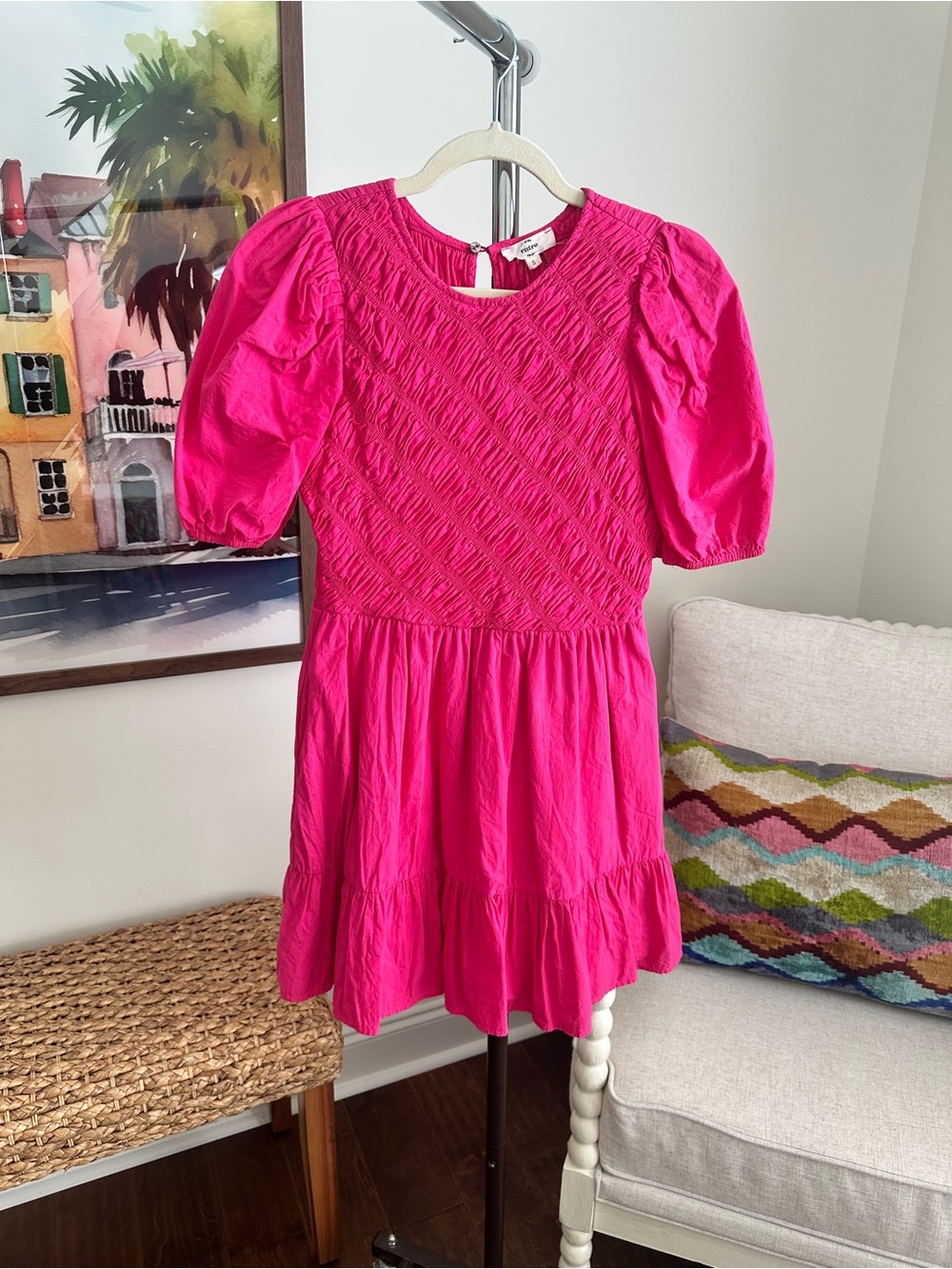 Entro Smocked Bodice Puff-Sleeve Dress in Hot Pink